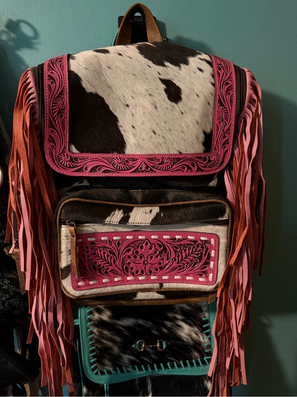 Cowhide Fringe Backpack with Pink Tooled Trim